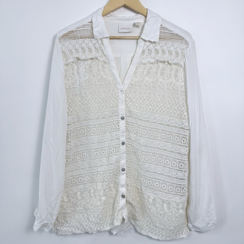 Chicos Sheer Crochet Lace Button Up Top Womens 3 (XL) Cream Boho Coastal